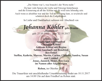 Traueranzeige von Johanna Köhler von Ostthüringer Zeitung