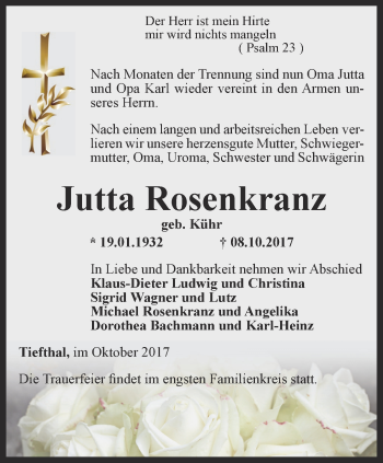 Traueranzeige von Jutta Rosenkranz von Thüringer Allgemeine, Thüringische Landeszeitung