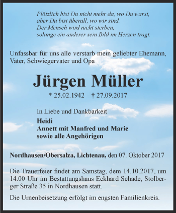 Traueranzeige von Jürgen Müller von Thüringer Allgemeine