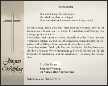 Traueranzeige von Jürgen Wölfing von Thüringer Allgemeine, Thüringische Landeszeitung