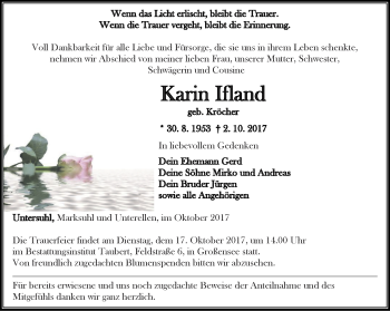 Traueranzeige von Karin Ifland von Thüringer Allgemeine, Thüringische Landeszeitung