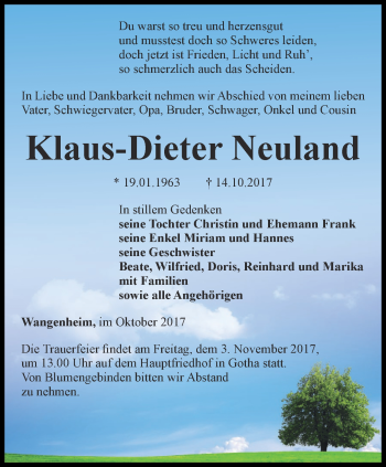 Traueranzeige von Karl-Dieter Neuland von Ostthüringer Zeitung, Thüringische Landeszeitung