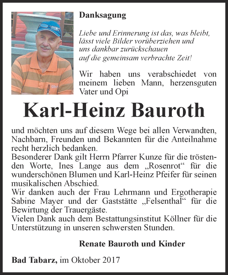  Traueranzeige für Karl-Heinz Bauroth vom 18.10.2017 aus Ostthüringer Zeitung, Thüringische Landeszeitung