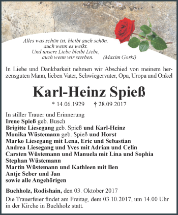 Traueranzeige von Karl-Heinz Spieß von Thüringer Allgemeine