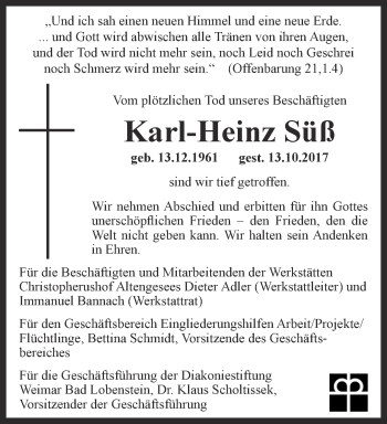 Traueranzeige von Karl-Heinz Süß von Ostthüringer Zeitung
