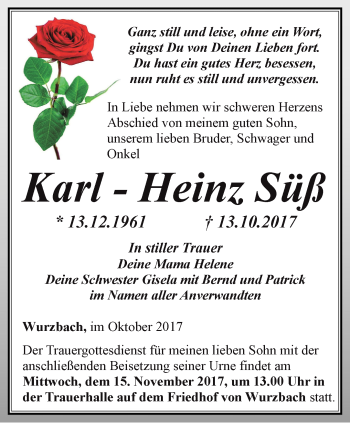 Traueranzeige von Karl-Heinz Süß von Ostthüringer Zeitung