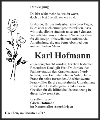 Traueranzeige von Karl Hofmann von Thüringer Allgemeine