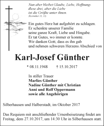 Traueranzeige von Karl-Josef Günther von Thüringer Allgemeine, Thüringische Landeszeitung