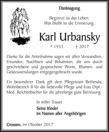 Traueranzeige von Karl Urbansky von Ostthüringer Zeitung