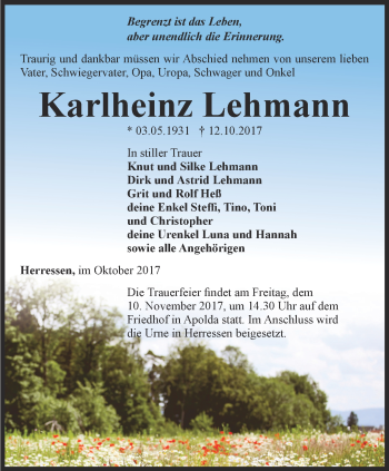 Traueranzeige von Karlheinz Lehmann von Thüringer Allgemeine, Thüringische Landeszeitung