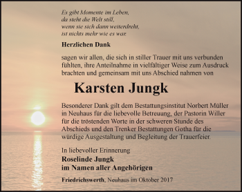 Traueranzeige von Karsten Jungk von Ostthüringer Zeitung, Thüringische Landeszeitung