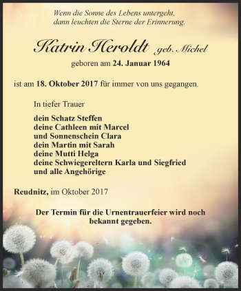 Traueranzeige von Katrin Heroldt von Ostthüringer Zeitung