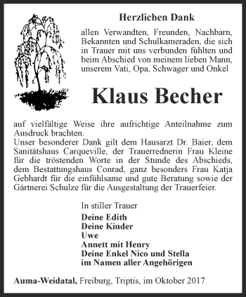 Traueranzeige von Klaus Becher von Ostthüringer Zeitung