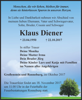 Traueranzeige von Klaus Diener von Ostthüringer Zeitung