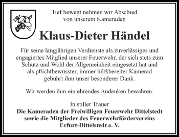 Traueranzeige von Klaus-Dieter Händel von Thüringer Allgemeine, Thüringische Landeszeitung