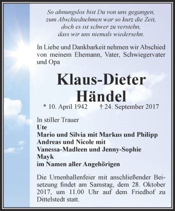 Traueranzeige von Klaus-Dieter Händel von Thüringer Allgemeine, Thüringische Landeszeitung