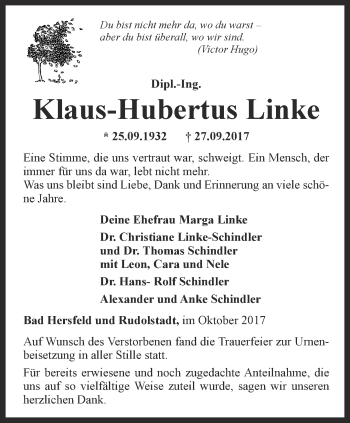 Traueranzeige von Klaus-Hubertus Linke von Ostthüringer Zeitung