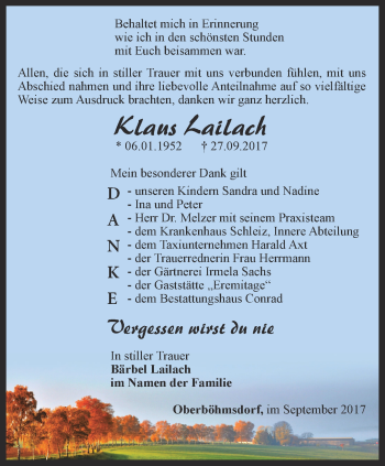 Traueranzeige von Klaus Lailach von Ostthüringer Zeitung