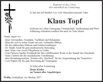 Traueranzeige von Klaus Topf von Ostthüringer Zeitung, Thüringische Landeszeitung