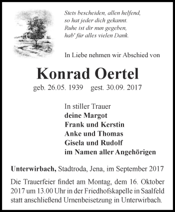 Traueranzeige von Konrad Oertel von Ostthüringer Zeitung