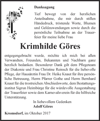 Traueranzeige von Krimhilde Göres von Thüringer Allgemeine, Thüringische Landeszeitung