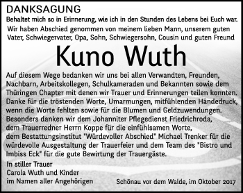 Traueranzeige von Kuno Wuth von Ostthüringer Zeitung, Thüringische Landeszeitung