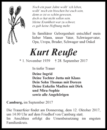 Traueranzeige von Kurt Reuße von Ostthüringer Zeitung, Thüringische Landeszeitung