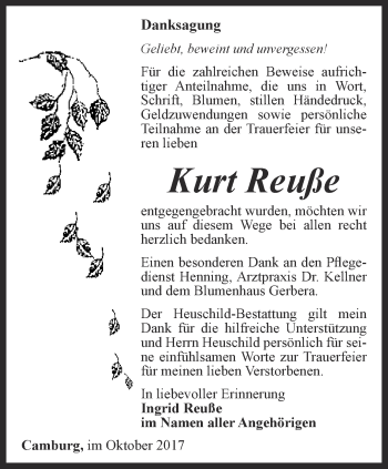 Traueranzeige von Kurt Reuße von Ostthüringer Zeitung, Thüringische Landeszeitung