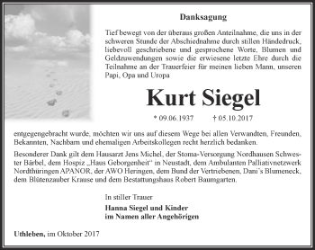 Traueranzeige von Kurt Siegel von Thüringer Allgemeine