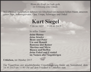 Traueranzeige von Kurt Siegel von Thüringer Allgemeine