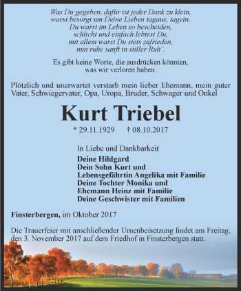 Traueranzeige von Kurt Triebel von Ostthüringer Zeitung, Thüringische Landeszeitung