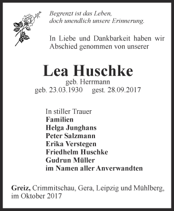 Traueranzeige von Lea Huschke