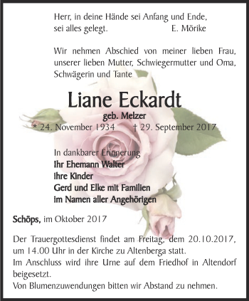 Traueranzeige von Liane Eckardt von Ostthüringer Zeitung, Thüringische Landeszeitung