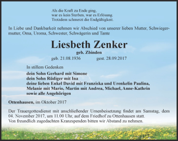 Traueranzeige von Liesbeth Zenker von Thüringer Allgemeine