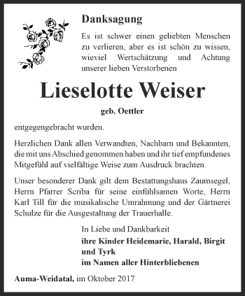 Traueranzeige von Lieselotte Weiser von Ostthüringer Zeitung