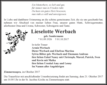 Traueranzeige von Lieselotte Werbach von Thüringer Allgemeine, Thüringische Landeszeitung