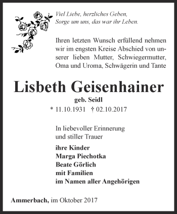 Traueranzeige von Lisbeth Geisenhainer von Ostthüringer Zeitung, Thüringische Landeszeitung