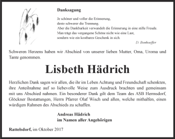 Traueranzeige von Lisbeth Hädrich von Ostthüringer Zeitung