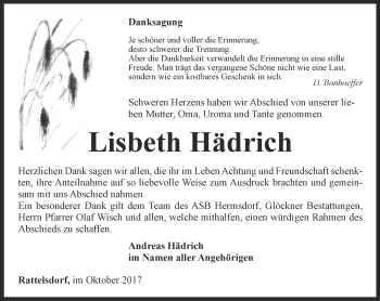 Traueranzeige von Lisbeth Hädrich von Ostthüringer Zeitung