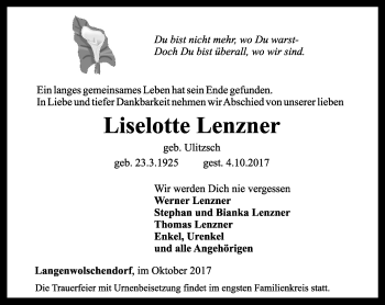 Traueranzeige von Liselotte Lenzner von Ostthüringer Zeitung