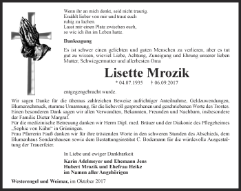 Traueranzeige von Lisette Mrozik von Thüringer Allgemeine