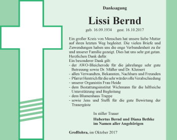 Traueranzeige von Lissi Bernd von Thüringer Allgemeine