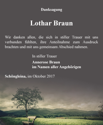 Traueranzeige von Lothar Braun von Ostthüringer Zeitung, Thüringische Landeszeitung