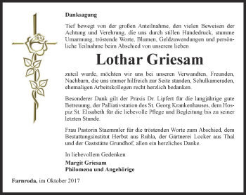 Traueranzeige von Lothar Griesam von Thüringer Allgemeine, Thüringische Landeszeitung