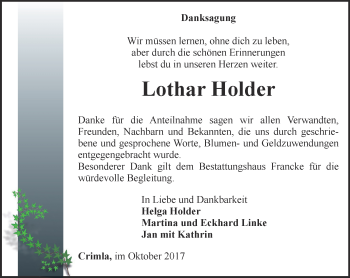 Traueranzeige von Lothar Holder von Ostthüringer Zeitung