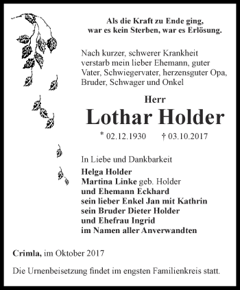 Traueranzeige von Lothar Holder von Ostthüringer Zeitung