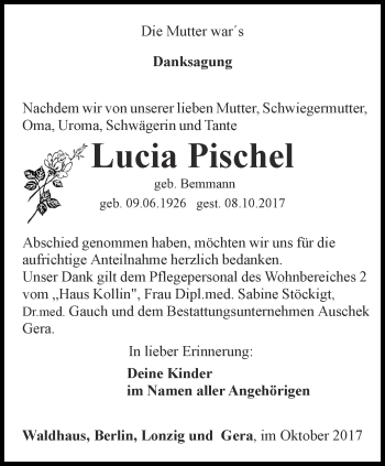 Traueranzeige von Lucia Pischel von Ostthüringer Zeitung