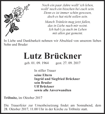 Traueranzeige von Lutz Brückner von Ostthüringer Zeitung