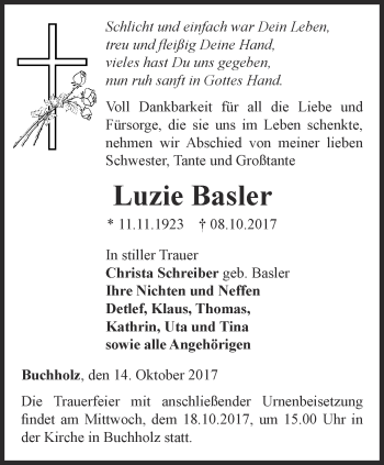 Traueranzeige von Luzie Basler von Thüringer Allgemeine