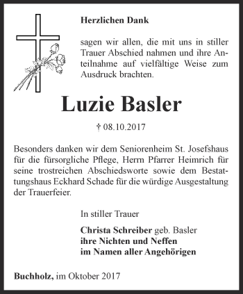 Traueranzeige von Luzie Basler von Thüringer Allgemeine